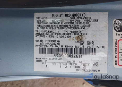 2011 Ford Fusion Hybrid Hybrid from USA, damaged, VIN 3FADP0L30BR123714